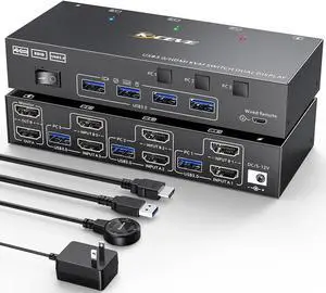 Aomoproing HDMI KVM Switch 2 Monitors 3 Computers 4K@60Hz, EDID simulationDual Monitor KVM Switch for 3 Computers Share 2 Displays and Keyboard Mouse Printer, Wired Remote and 5 Cables Included