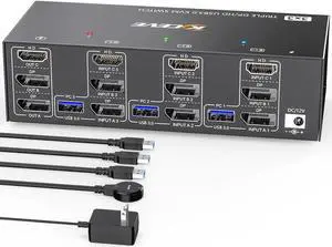 Aomoproing 2 Displayport + HDMI USB 3.0 KVM Switch 3 Monitors 3 Computers, 8K@60Hz,4K@144Hz Triple Monitor KVM with 4 USB 3.0 Ports, KVM Triple Monitor Keyboard Mouse Switcher,Included KVM Cables