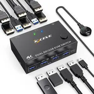 Dual Monitor KVM Switch DisplayPort 1.4 USB 3.0 Switcher Controls Splitter For Computer Laptop Sharing Keyboard Mouse Printer