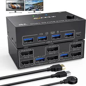 2 HDMI + DisplayPort USB 3.0 KVMスイッチ HDMI KVM Switch 2 Monitors 2 Computers, with 3 USB 3.0 Hub