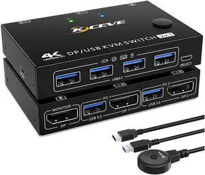 2 Ports Displayport KVM Switch Support 3440x1440 @144Hz,3840x2160 @60Hz for 2 PC 1 Monitor to Share 4 USB 3.0 Devices, USb 3.0 DP KVM Switch 2 in 1 Out Includes 2x USB 3.0 Cables and Wired Controller
