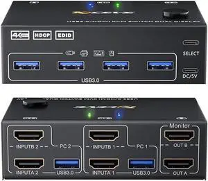 Monitor USB 3.0 HDMI KVM Switch 2 Computers 2 Monitors, Dual Monitor HDMI KVM Switcher USB 3.0 Version, 4K @60Hz HD Resolution, Support Copy and Extended Display