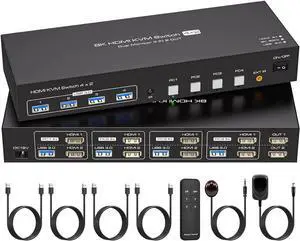 AomoproinDual Monitor HDMI KVM Switch 4 Computers 2 Monitors 8K@60Hz 4K@120Hz 4 Port KVM Switches for 4 PC Share 4 USB 3.0 Devices Support Copy and Extend Mode Includes Remote Control and Power Adapte