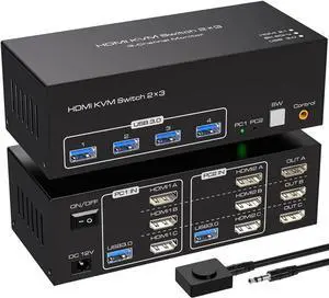 8K@60Hz HDMI KVM Switch 3 Monitors 2 Computers USB 3.0 KVM Switcher with 4 USB Ports Monitor Switch for 2 Computers Support Extended & Copy Mode Wired Controller 12V DC Adapter 2 USB Cables Included