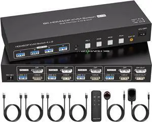 Dual Monitor KVM Switch HDMI+Displayport 4 Computers 2 Monitors 8K@60Hz 4K@120Hz 4 Port KVM Switches Support 4 PCs Share 4 USB Devices Support Copy and Extend Mode with External Accessories
