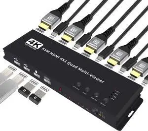 4 Ports KVM HDMI Quad Multi-viewer Switcher 4K HDMI Screen Divider Switcher with USB KVM 4 in 1 out Seamless switch for 4 PC