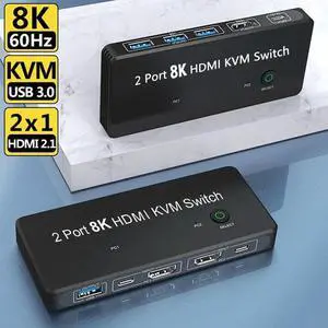 KVM Switch 8K 60Hz 4K 120Hz 2 in 1 out HDMI-compatible Switches 2*1 HDMI Switcher dual PC With USB 3.0 Cables For Monitor