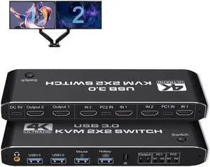 Monitor HDMI KVM Switch 2x2 USB3.0 HDMI KVM Switch 2 in 2 out 4K 60Hz 2x2 Mixed Display 2 Monitors 2 Computer for PC laptop