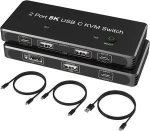 Port 8K USB C KVM Switch with DisplayPort Port Compatible for 8K 60Hz 4K 120Hz 2xUSB-C PC to One DisplayPort Dual Monitor