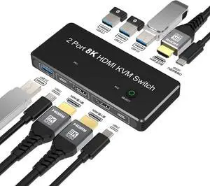 Switch HDMI-compatible 8K@60hz 2 Port Box USB and HD Switch for 2 Computers Share Keyboard Mouse Printer and one HD Monitor