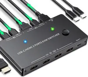 USB-C KVM Switch 2 In 1 Out 4K USB HDMI KVM Switch Support PD Charg for 2 PC Sharing Keyboard Mouse Printer Display