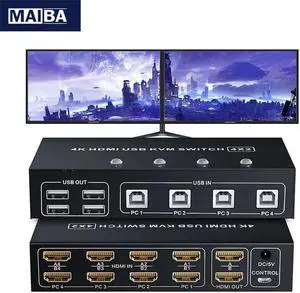 4 Port HDMI KVM Switch 4X2 Dual Monitor 4K@60Hz Extended Display USB KVM Switch 4 in 2 out for 4 PC Share Keyboard Mouse Monitor