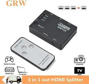 GRWIBEOU HDMI Switcher 3 In 1 Out 3 Ports Hub Box Auto Switch 1080p HD 1.4 With Remote for HDTV XBOX360 DVD Projector