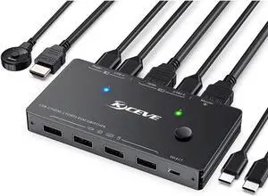 USB Type-C HDMI KVM Switch 4K@60Hz, USB C +HDMI Switch for 2 Computers Share 1 Monitor and 4 USB Devices,Compatible with Thunderbolt 3, with 100 W Power Delivery, Wired Remote and 3 Cables Included