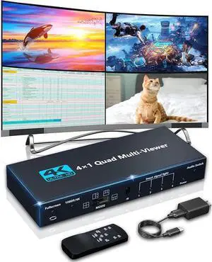 4K HDMI Multiviewer Switch 4x1, HDMI Quad Seamless Switcher/Screen Divider 4 in 1 Out with IR Remote Control, Support 4K, 1080P, HDCP 1.4 and 5 Display Modes for Security Camera, PS4, Laptop, Monitor
