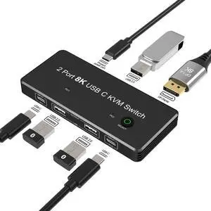 USB-C 8K KVM Switch 8K@30Hz 4K@165Hz DP 1.4 2xUSB-C PC to One DisplayPort Monitor 2 in 4 out Video Converter