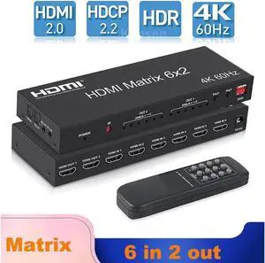 2.0 Matrix 6x2 Switch Splitter, 6 in 2 Out HDMI Video Switcher Splitter with Audio Extractor/IR Remote Controller, HDR 4K @60Hz RGB/YUV 4:4:4 SPDIF Optical + 3.5 mm Jack Audio Output