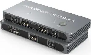 USB-C 8K KVM Switch 2x USB-C PC to 1x DisplayPort Monitor KVM Switch Compatible with Thunderbolt 3/4 Sharing 3x USB2.0 Mouse Keyboard Printer