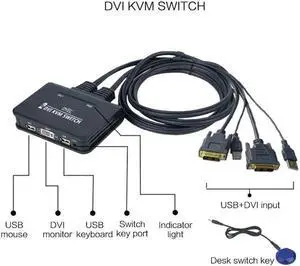 VGA DVI KVM Switch Control 2 Computers from A Single Console Two PC Computers Shared One Set Of Keyboard Mouse And Monitor