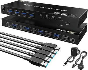 USB 3.0 HDMI KVM Switch 4 Port Support 4K @60Hz RGB 4:4:4, USB Hub HDR EDID HDMI USB Switch 4 in 1 Out and 4 USB 3.0 Port for Keyboard Mouse Printer, with Controller, USB 3.0 Cables and HDMI-Cable