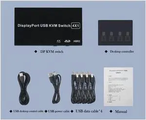 4 Ports Displayport KVM Switch 4K 60Hz 4 In 1 Out USB DP KVM Switch Box DP USB KVM Share Monitor Mouse Keyboard Printer Switcher