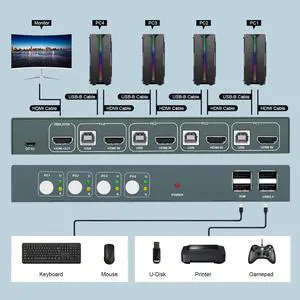 4 Port KVM Switch 4K Scanner KVM Switcher 4 in 1 Out Hot USB for Mouse Keyboard for Win7 Win10 for MAC for PlayStation 2