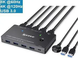 8K HDMI KVM Switch 2 Ports, USB 3.0 HDMI2.1 KVM Switcher Box, Support 7680x4320 8K @60Hz, 3840x2160 4K @120Hz Resolution for 2 Computers Share Mouse Keyboard and Monitor