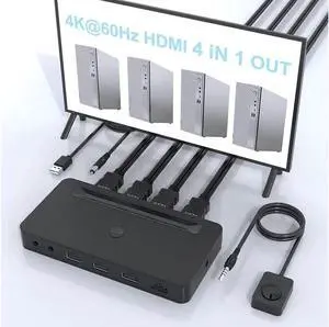 4K HDMI KVM Switch 4 Ports for 4 Computers Share One HD 4K Monitor, 3 USB Devices Keyboard Mouse Printer, 2 3.5mm Headphone Jack, Including 4 HDMI Cable and 1 Remote Controller