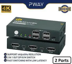 USB KVM Switch Keyboard And Mouse Splitter With 2 DP Port Support 4K@60Hz 2 In 1 Out and USB Hub For PC Macbook Laptop