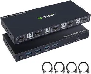 Switch HDMI 4K @60Hz 4 Port Box, USB Switch with 4 USB 2.0 Hubs, 4 in 1 Out HDMI KVM Switch Support Wireless Keyboard and Mouse and hotkey Switching, No Power Require