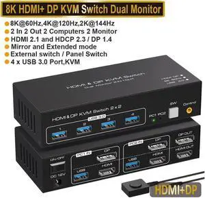 2 Port Dual Monitor DisplayPort HDMI KVM Switch 8K @60Hz, 4K @120Hz, USB 3.0 DP+HDMI KVM Switcher 2 in 2 Out for 2 Computers 2 Monitors with 4 Ports USB 3.0 Support Copy and Extended Display