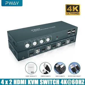 4K@60HZ HDMI KVM Switch 4 In 2 Out Support HDMI 2.0 HDCP 2.2 With USB 2.0 Port Hotkey Switch PC Printer Keyboard Mouse
