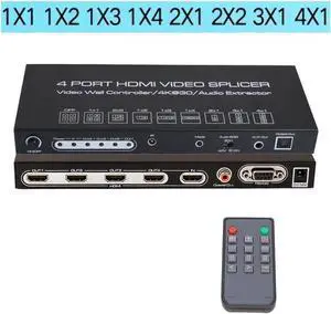 Video Wall Controller Splicer, 4K @30Hz 4 Port HDMI Multimedia Interface Switcher, IR RS232 2X2 TV 4K 1x2 1x3 1x4 Processor SPDIF 3.5mm Out Audio HDMI Video Splicer Splitter Switch