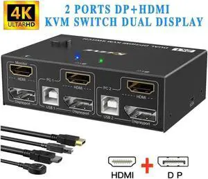 Monitor Displayport+HDMI KVM Switch 4K@60Hz,2K@120Hz, HDMI DP Extended Display Switcher USB KVM Switch for 2 Computers Share 2 Monitors and 4 USB 2.0 Ports,Wired Remote and 4 Cables Included