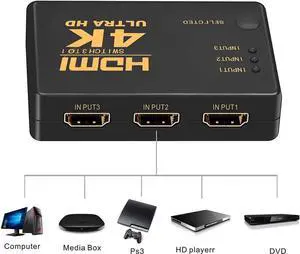 HDMI Switch 4k, Intelligent 3-Port HDMI Switcher,Splitter, Supports 4K, Full HD1080p, 3D with IR Remote