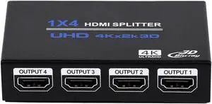 1x4 HDMI Splitter, 1 in 4 Out HDMI Splitter Audio Video Distributor Box Support 3D & 4K x 2K Compatible for HDTV, STB, DVD, PS3, Projector Etc