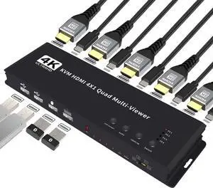 4K HDMI KVM Switch 4x1 Quad Multi Viewer 4 in 1 Out KVM HDMI Processor Screen Multiviewer Seamless for 4 PC Share Mouse Keyboard