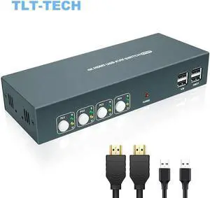 Switch HDMI KVM Switches 4 Port 4K@30Hz USB2.0 4 PC 1 Monitor Switch,Hotkey Switch,With 4 HDMI Cables and 4 USB Cables