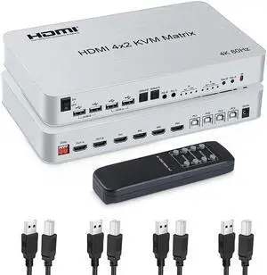 4x2 HDMI KVM Matrix Switcher, 4K@60Hz KVM Switch + Optical & L/R Audio Output, 4 HDMI2.0 Port + 4 USB2.0 Port, Share 4 Computer to Dual Monitor, Support Auto Scale, Audio Extractor with Remote Control