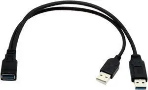 USB 3.0 Female to Dual USB Male Extra Power Data Y Extension Cable for 2.5" Mobile Hard Disk Black Color