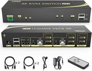 4K HDMI KVM Switch 2x2, 2 in 2 Out Dual Monitor Extended Display 4K @60Hz 4:4:4 with Audio and USB 2.0 Hub Sharing PC Monitor Keyboard Mouse Switcher