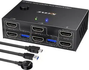 Display USB 3.0 Dual Monitor KVM Switch Simulation Edid, HDMI Extended Display Switcher for 2 Computers Share 2 Monitors