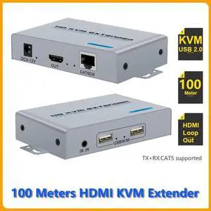 KVM USB Extender 1080P Over Cat5e/6 Ethernet Cable 100m (330ft) for Mouse and Keyboard Control Remote Signals