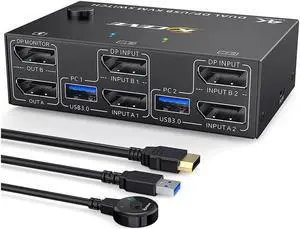 2 Ports Dual Monitor DisplayPort KVM Switch 8K @30Hz 4K @60Hz 2 in 2 Out, DP 1.4 KVM Switch and 4 USB 3.0 for 2 Computers, Backward Compatible DP1.2 with DP+USB Cables and Wired Controller included
