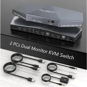2 PCs Dual Monitor KVM Switch Box, 4K HDMI KVM Switch Dual Monitor Suitable for 2 Computers + 2 Monitors with Audio, USB Powered, Hotkey Switch, 4K Monitor hdmi Switch with Cables