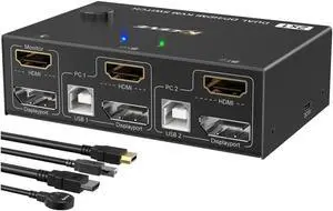 Monitor HDMI + Displayport KVM Switch 4K @60Hz 2K @120Hz, HDMI DP Extended Display Switcher for 2 Computers Share 2 Monitors and 4 USB 2.0 Ports, Wired Remote and 4 Cables Included