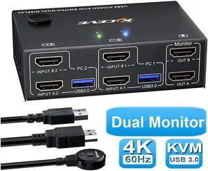 2 Port 4K @60Hz Dual Monitor HDMI KVM Switch with USB 3.0 Port Simulation EDID, USB HDMI Extended Display Switcher for 2 Computers Share 2 Monitors and 4 USB 3.0 Devices, with Wired Controller&Cables