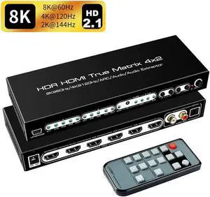 8K 4x2 HDMI Matrix, 4 in 2 Out HDMI 2.1 Matrix HDMI Video Switcher Splitter + Optical & L/R Audio Output,Support 4K @120Hz,HDR10 HDCP2.3 Do-l-by Vision Atmos SPDIF 5.1CH ARC with IR Remote Control
