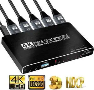 4K@30Hz 4x1 HDMI Video Capture Card Seamless Switch with Mic & 3.5mm Audio 4K 30fps Board Game Capture Card USB3.0 Recorder Box Device for Live Streaming Video Recording Loop Out