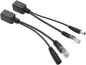 2Pcs RJ45 Power Over Ethernet LAN DC Male Passive PoE Adapter Injector Splitter Cable Kit Black IP Security Camera Switches